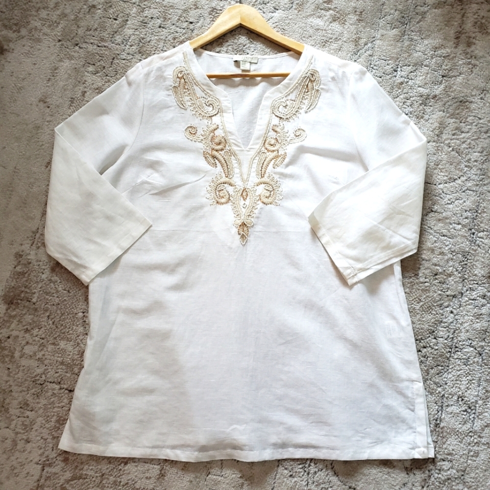 Saint Tropez West XLarge Beaded Long Sleeve Linen Cotton Shirt